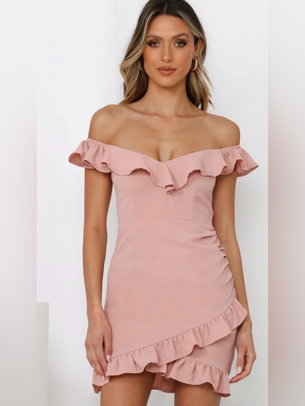 Hello Molly Blush Pink Off the Shoulder Ruffle Dress